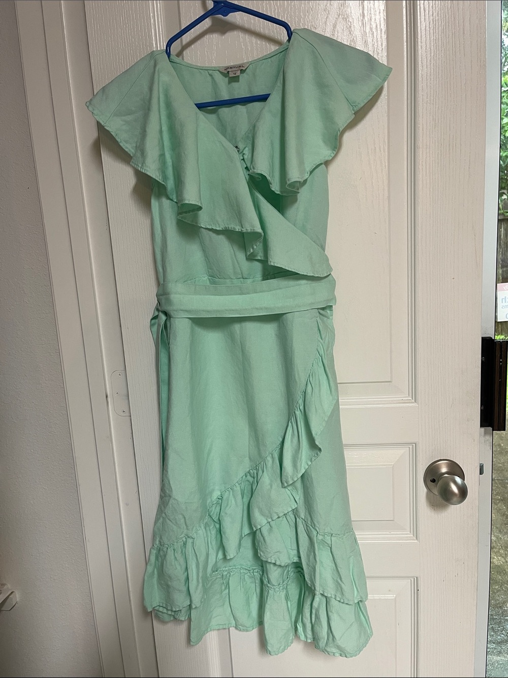 Girls Mint Ruffle Wrap-Style Dress with Tie Waist